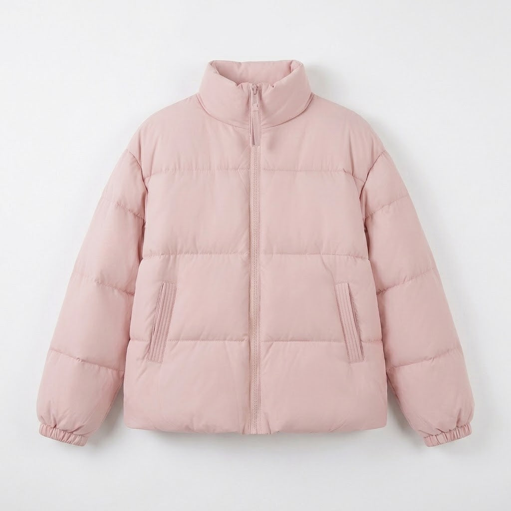 Damen kurze voluminöse gepolsterte Jacke mit hohem Schalkragen, Zwei-Wege-Reißverschluss und verdeckten Seitentaschen