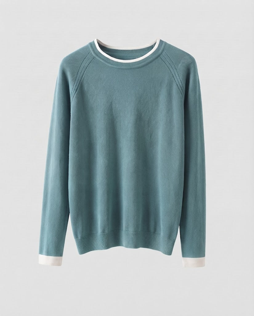 Damen Feiner Rundhalspullover mit kontrastierter Kantenblende und schmaler Silhouette Drune