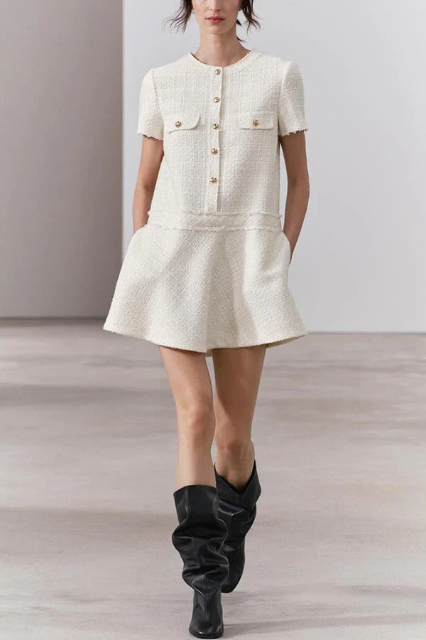 Drune | 1960Er London Girl Tweed-Texturiertes Kurzärmliges Kleid mit Goldknöpfen und Taschen