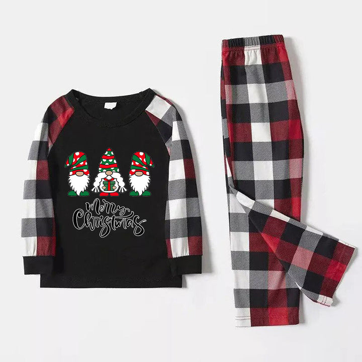 Drune | Frohe Weihnachten Süßer Gnome Druck Lässige Langarm Sweatshirts Kontrast Tops und Rot & Schwarz & Weiß Karierte Hose Familienpassende Pyjama Set mit Hund Bandana