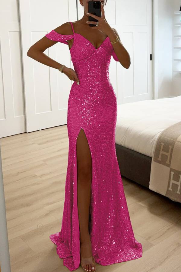 Drune | Paillettenspitze Meerjungfrau Abschlussballkleider mit Schlitz Off-Shoulder Abendkleid