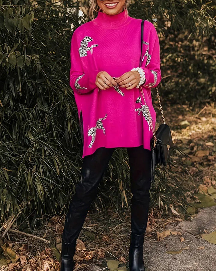 Drune | Stilvoller Lockerer Pullover mit Hohem Kragen und Leopardenmuster