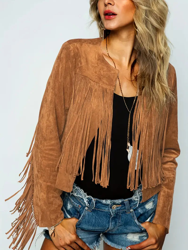 Drune | Offene Jacke mit Fransen Saum Im Wildleder Look