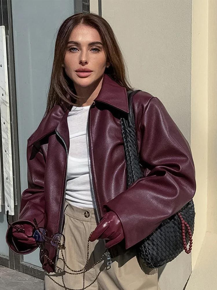 Drune | Bordeaux red faux leather jacket with stylish lapel collar and zipper detail