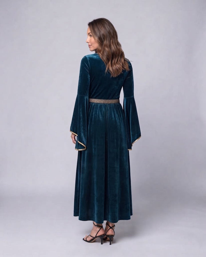Damen Elegantes Maxikleid mit weit ausgestellten Ärmeln und dekorativem Taillengürtel Drune