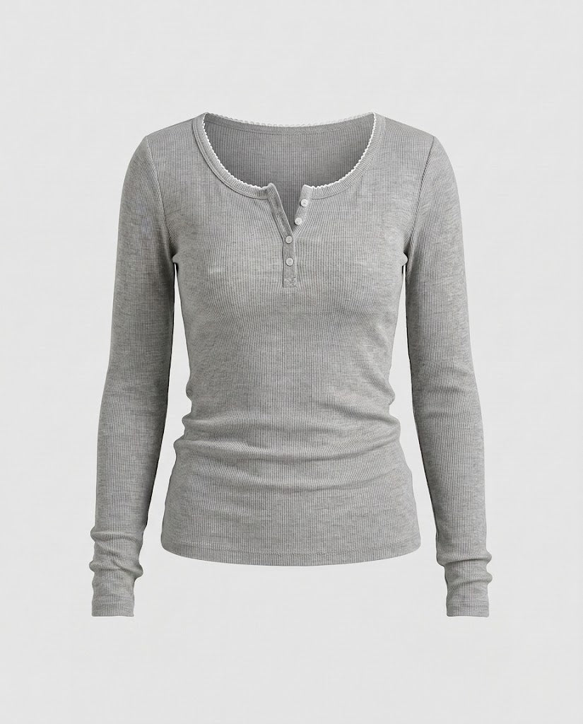 Damen Figurnahes Geripptes Langarm-Henleyshirt mit Zierknopfleiste und Zackenrand Drune