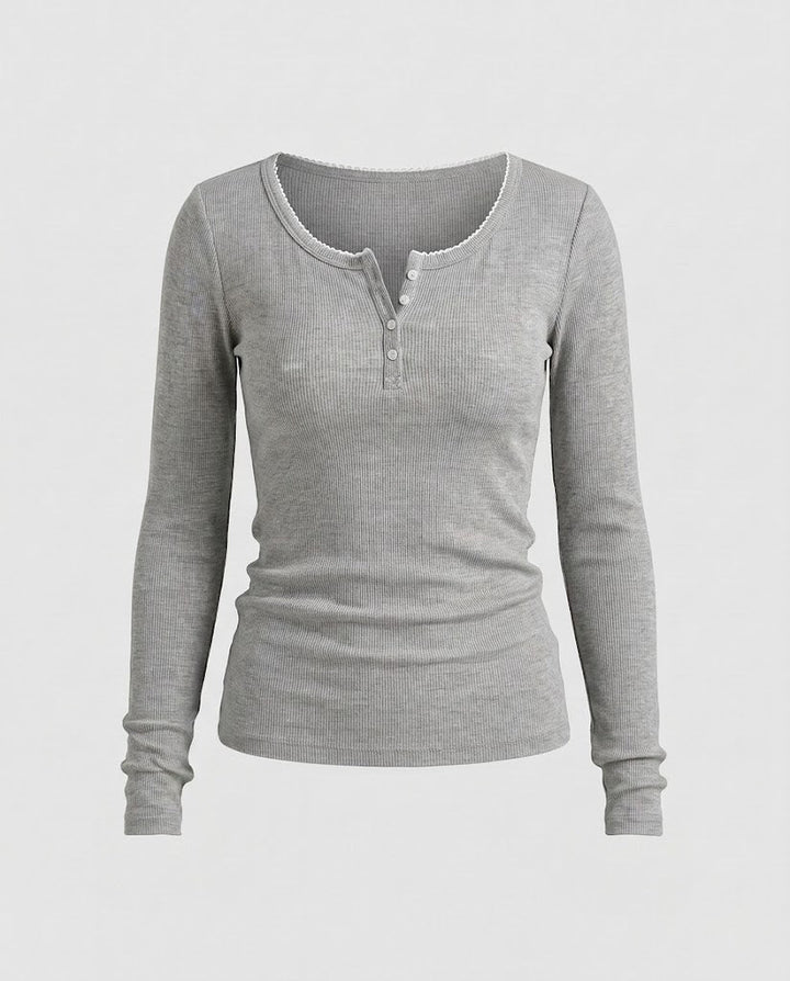 Damen Figurnahes Geripptes Langarm-Henleyshirt mit Zierknopfleiste und Zackenrand Drune