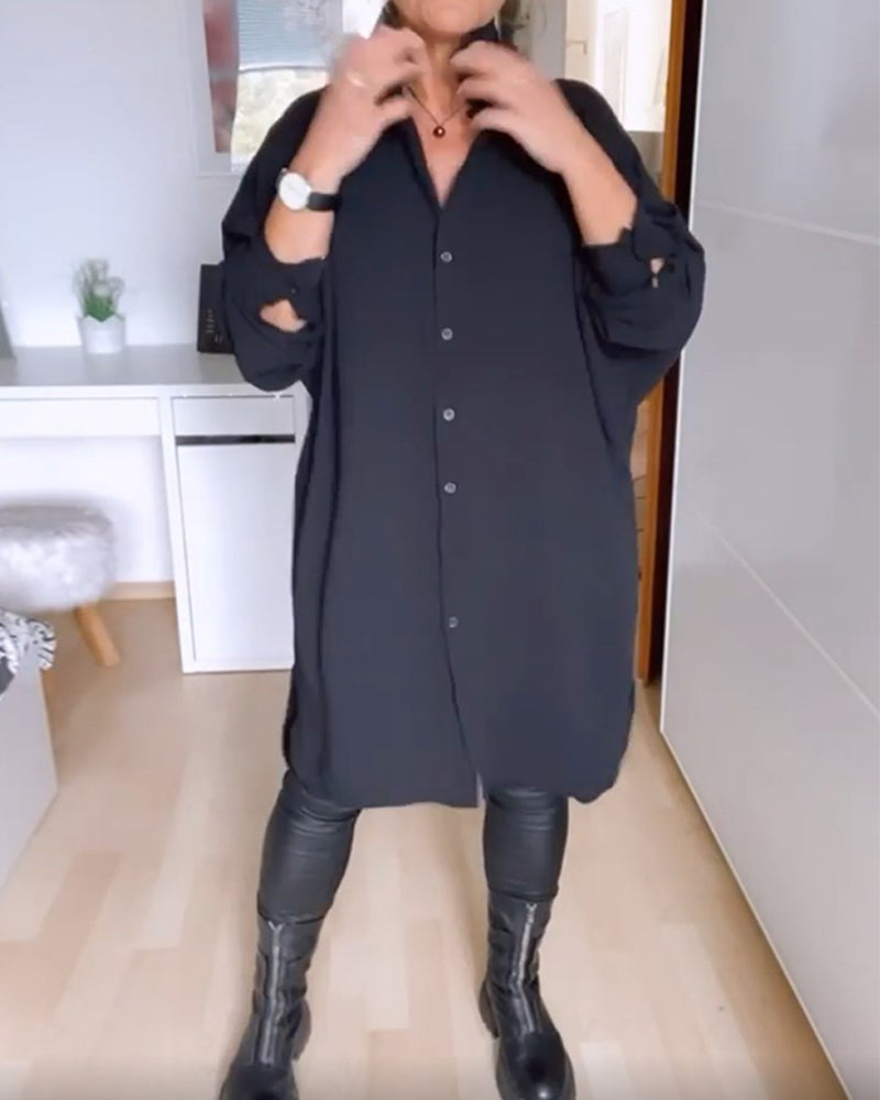 Drune | Lässiges Einfarbiges Hemdblusenkleid mit Knöpfen