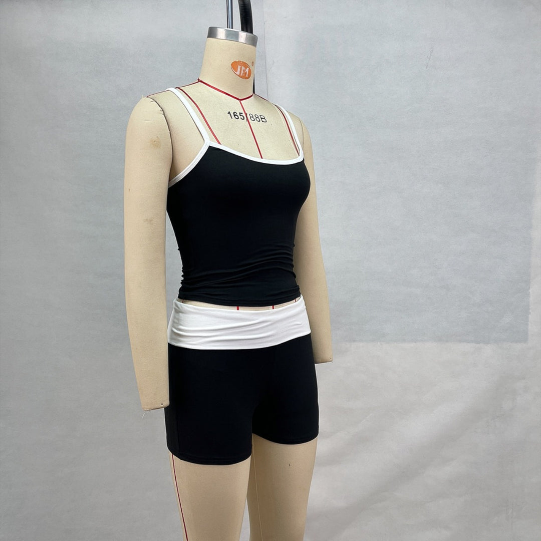 Drune | Hosenträger Nabel Kontrast Top Niedrige Taille Shorts Set