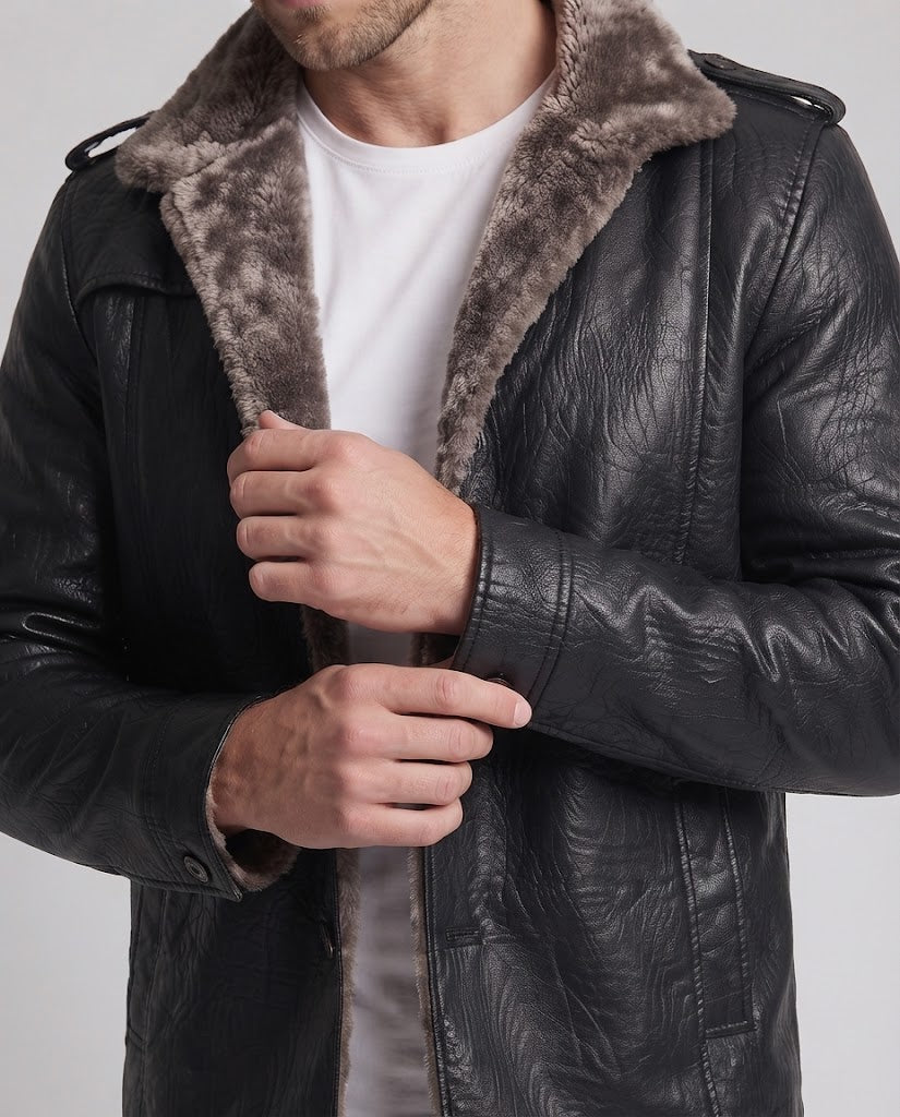 Herren Kunstleder‑Pilotenblouson mit Teddyfleece‑Innenlage und Schulterepauletten Drune