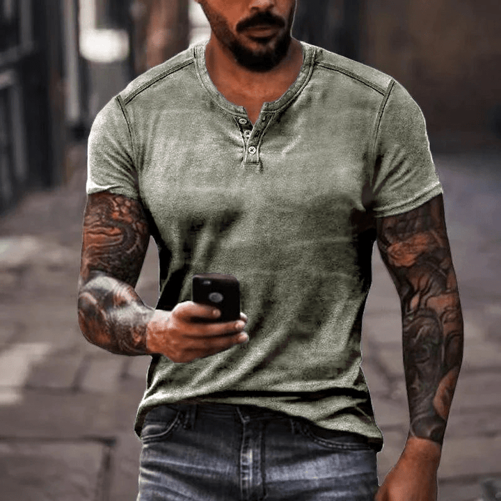 Drune | Herren Shirt Lässig Henley Kragen T-Shirt Atmungsaktives Material