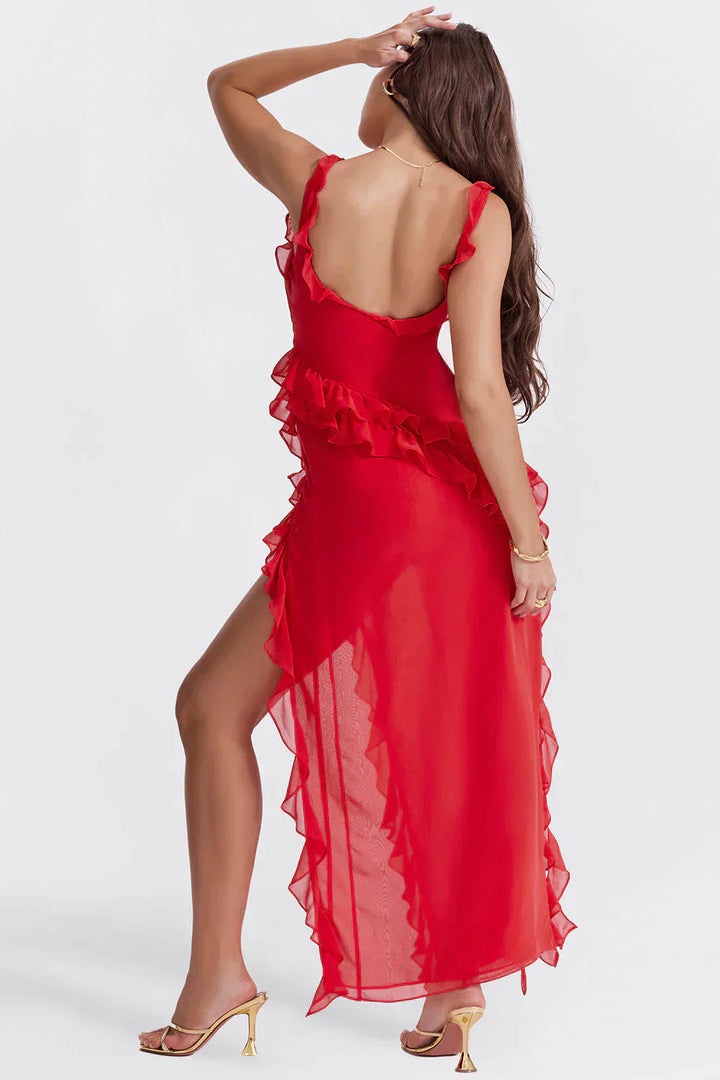 Drune Elegant Kleid | Stilvolles Kleid mit Ausschnitt, Rüschen und rückenfreiem Design