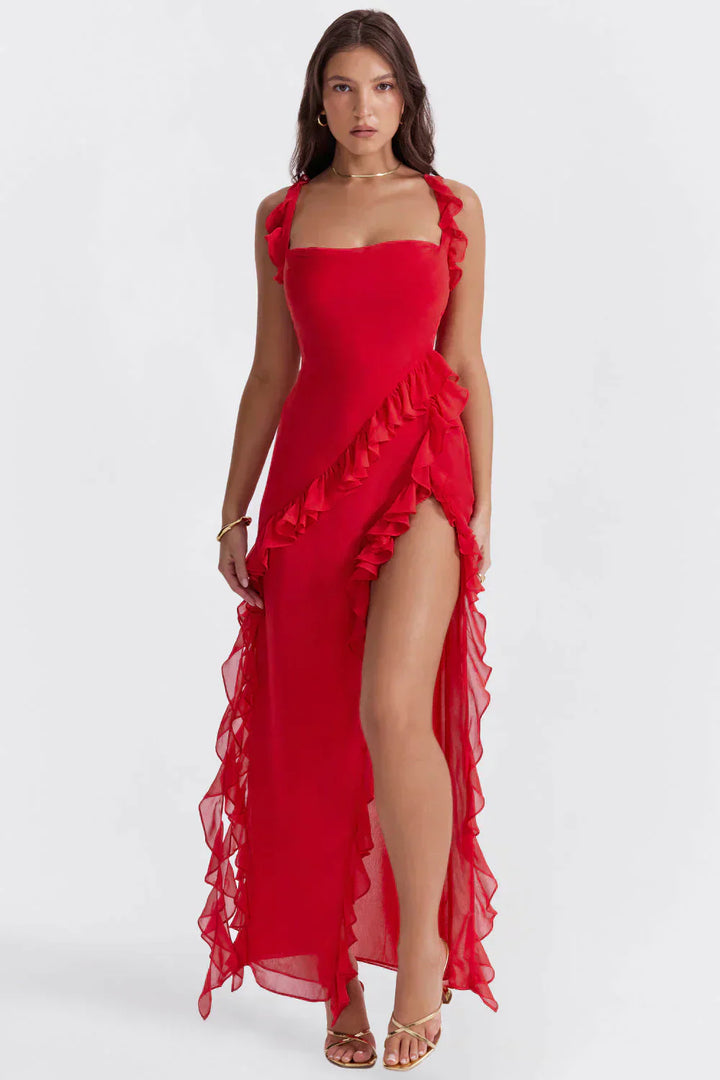 Drune Elegant Kleid | Stilvolles Kleid mit Ausschnitt, Rüschen und rückenfreiem Design