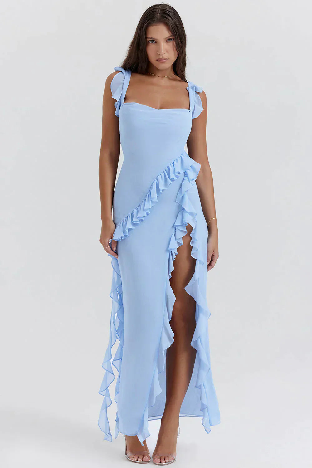 Drune Elegant Kleid | Stilvolles Kleid mit Ausschnitt, Rüschen und rückenfreiem Design