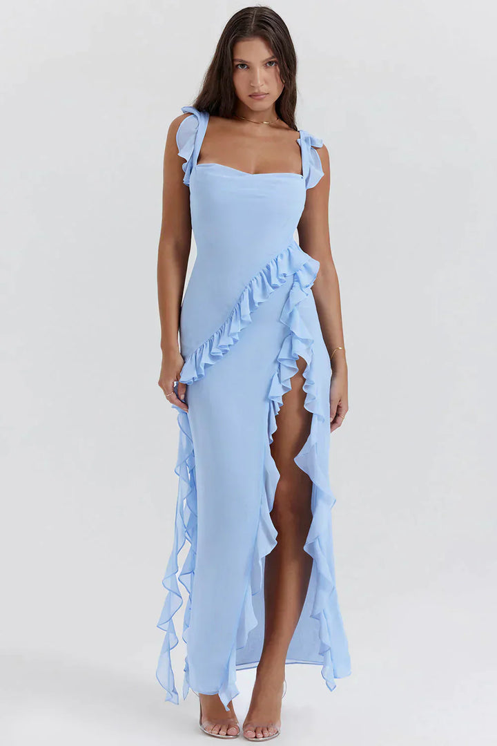 Drune Elegant Kleid | Stilvolles Kleid mit Ausschnitt, Rüschen und rückenfreiem Design