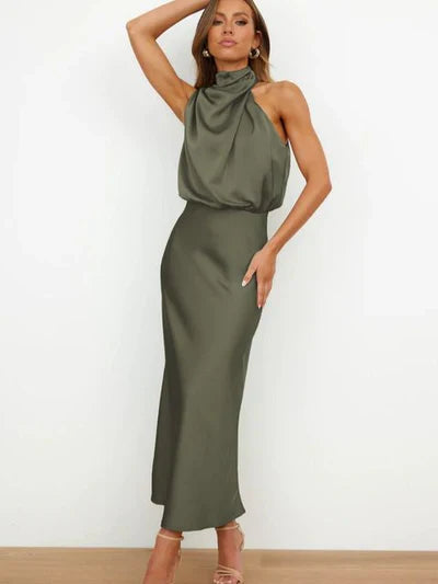 Drune | Elegantes Halter Midi Kleid Für Damen Mit Hohem Hals Und Satinlook