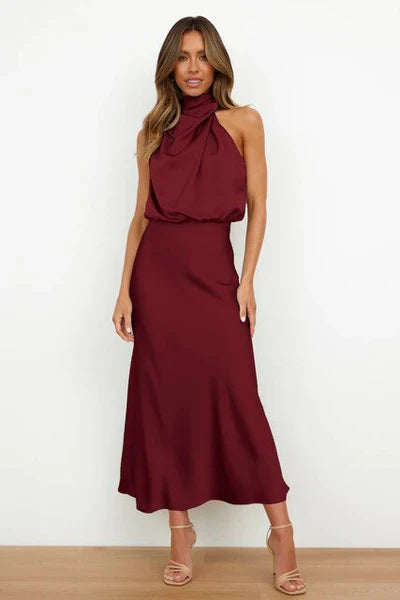 Drune | Elegantes Halter Midi Kleid Für Damen Mit Hohem Hals Und Satinlook