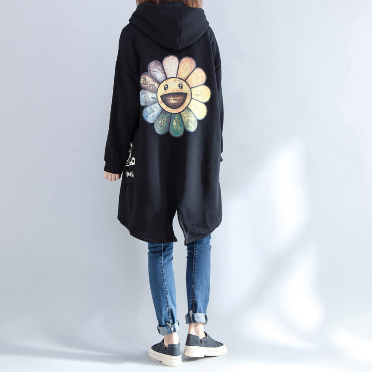 Drune | neue Drucke schwarze lässige Mäntel Oversize Kapuzen Rückseite offen Cardigans Kleidung