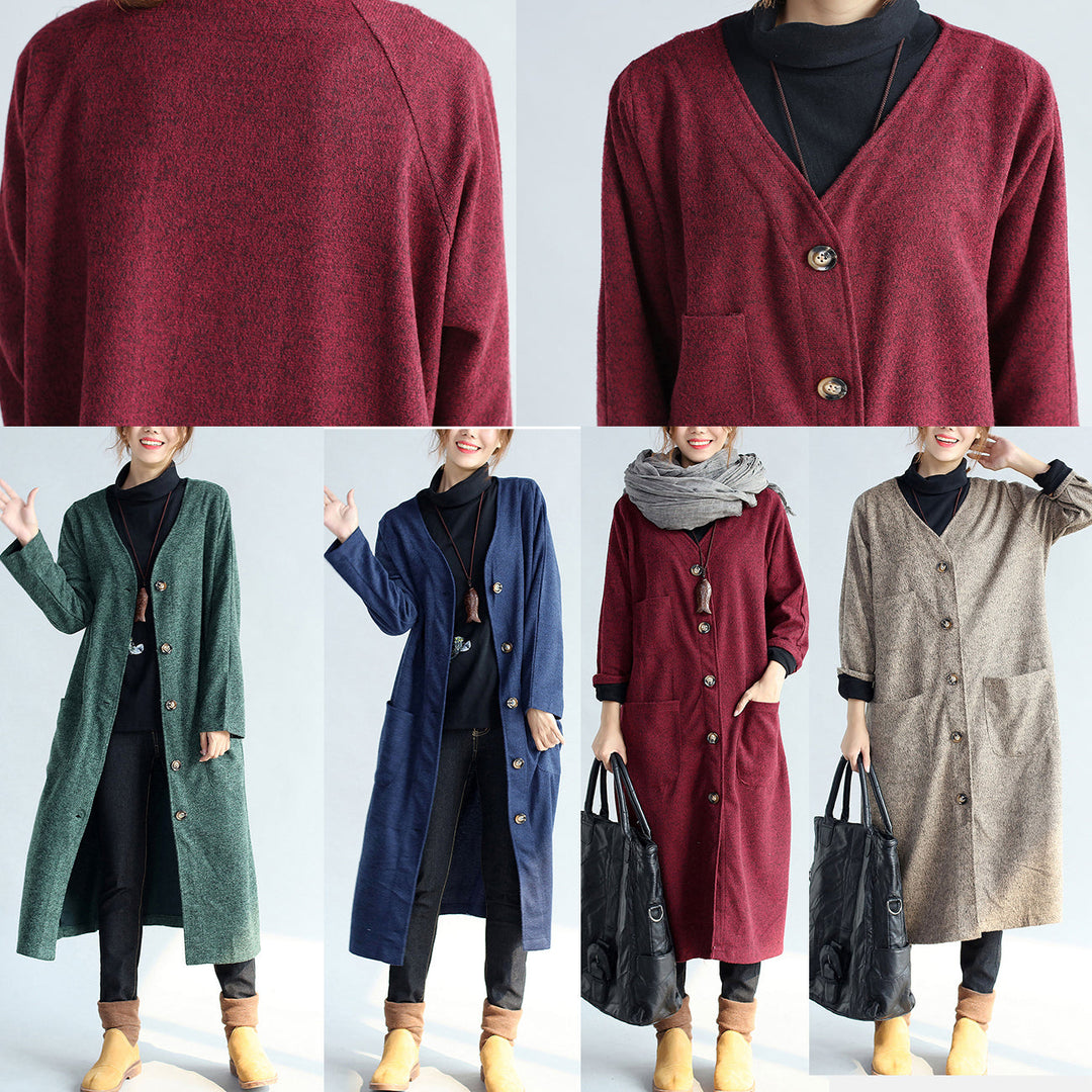 Drune | Winter warm navy Baumwoll-Trenchcoats wollene lockere Taschen V-Ausschnitt Cardigans