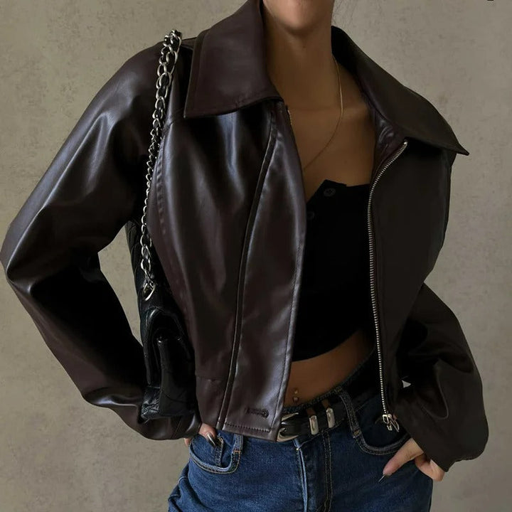 Drune | Braune PU-Leder Damen Sommerjacke mit Reverskragen