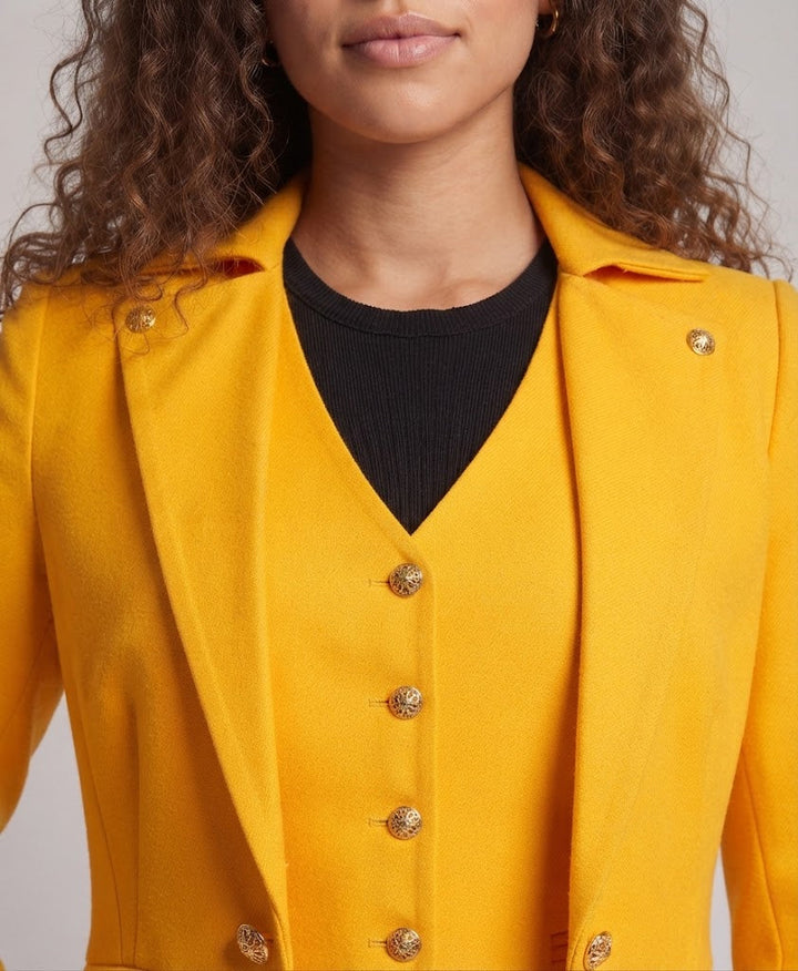 Damen elegante Frackjacke mit asymmetrischem Saum und goldenen Akzenten Drune