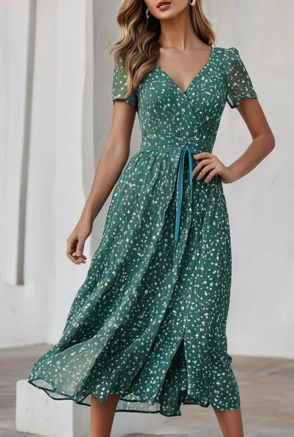 Drune | Atemberaubendes Kurzarm Grünes V-Ausschnitt Midi-Kleid