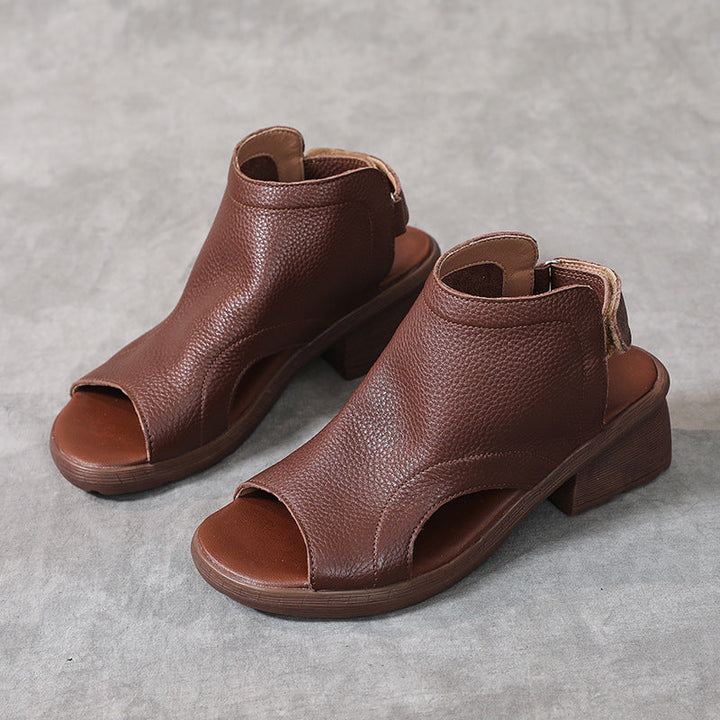 Drune | Echtes Leder Retro Künstlerische Damen Sandalen Mittelhoch Weiche Sohle