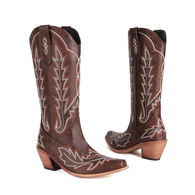 Drune | Bestickte Lange Kniehohe Stiefel Spitz Zehe Chunky Absatz Hoher Absatz