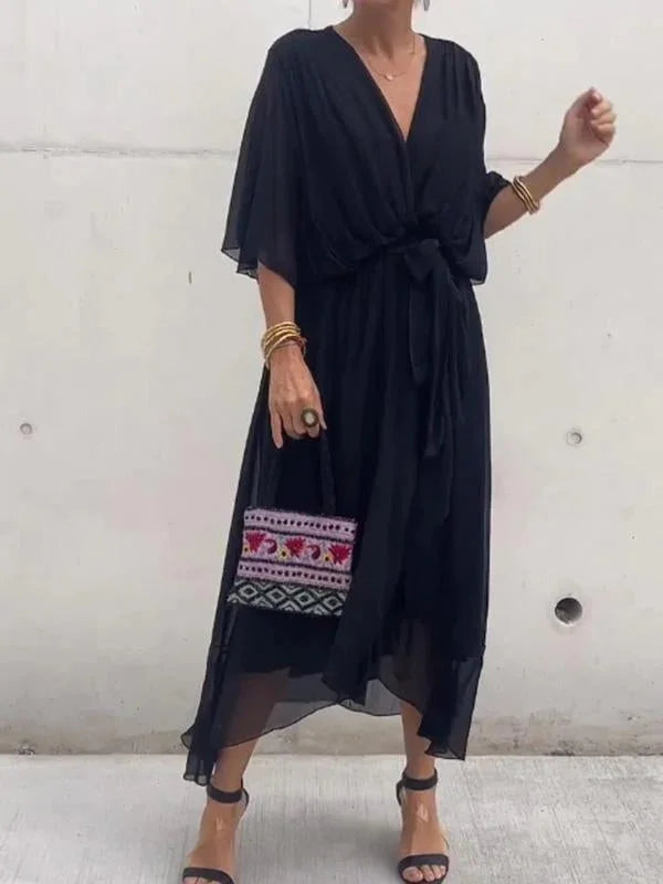 Damen Chiffonkleid Grün V-Ausschnitt Sommerkleid