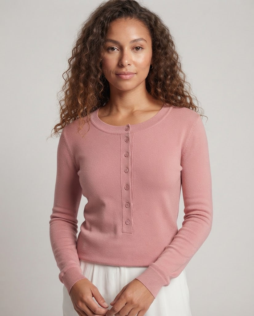 Damen Feines Langarm-Henley aus Feinstrick mit knöpfbarer Mittelblende und schmaler Passform Drune