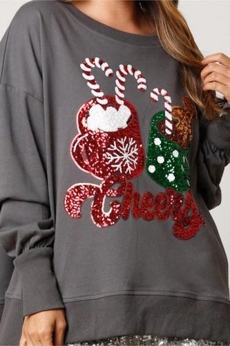 Drune | Weihnachts Süßigkeiten Tasse Pailletten Lässiger Lockere Sweatshirt