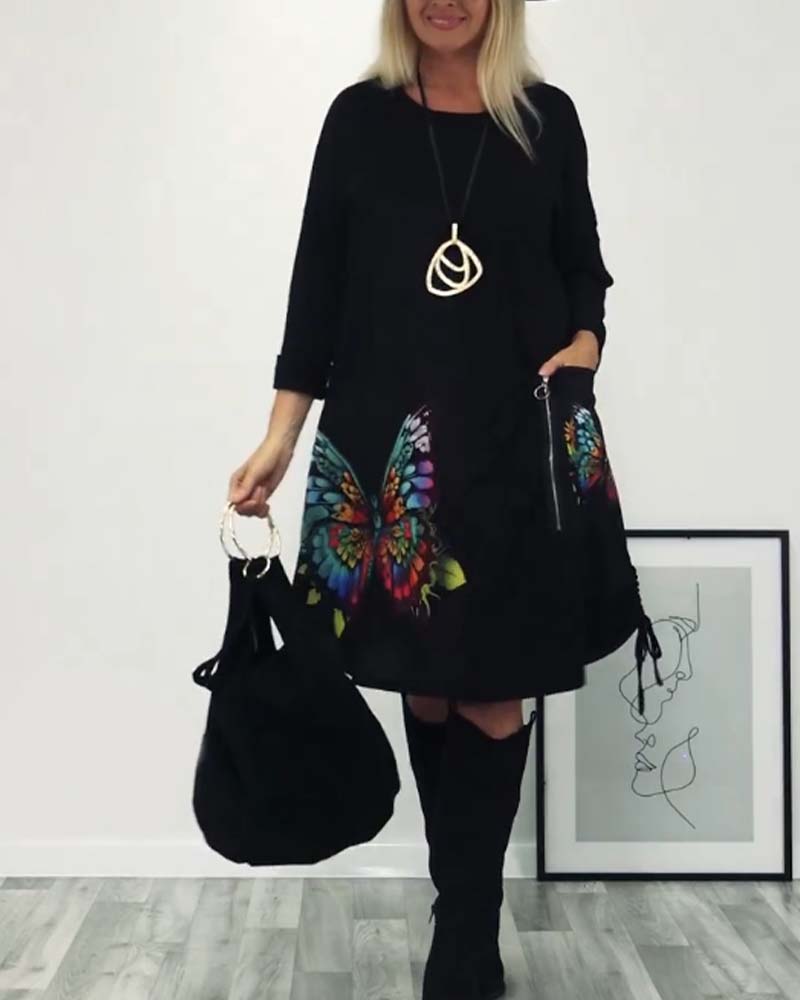 Drune | Kleid mit Schmetterlings Print und Tasche