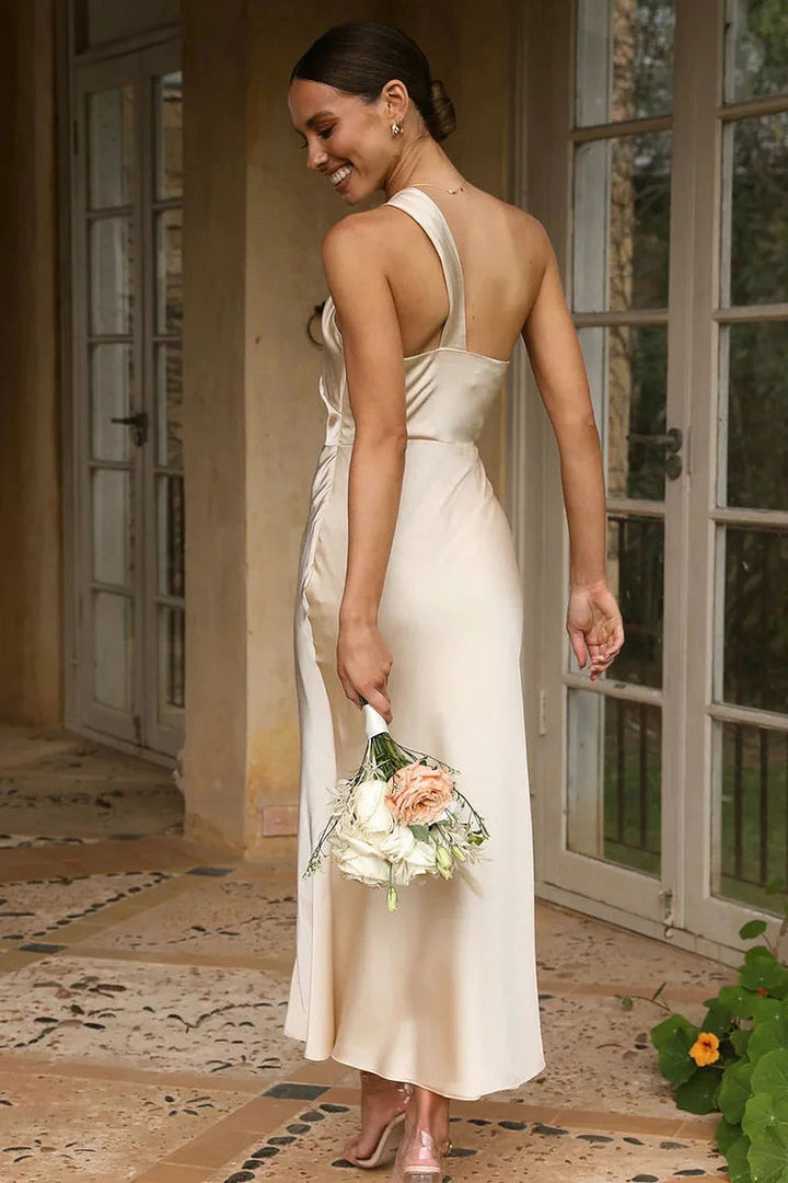 Drune | Ein Schulter Rückenfreies Satin Brautjungfer Hochzeit Party Bodycon Fishtail Maxi Kleid