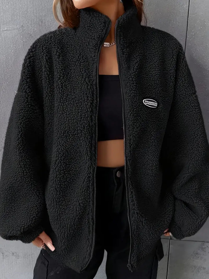 Drune | Lockere Passform Teddyjacke mit Reißverschluss, Stilvolle Tropfenschulter