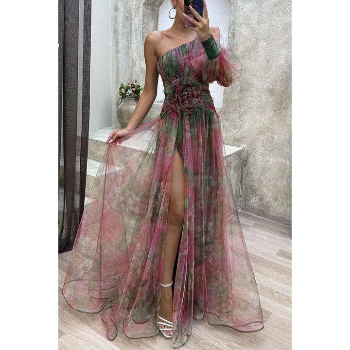 Drune | Long party dress with off-the-shoulder, split print.