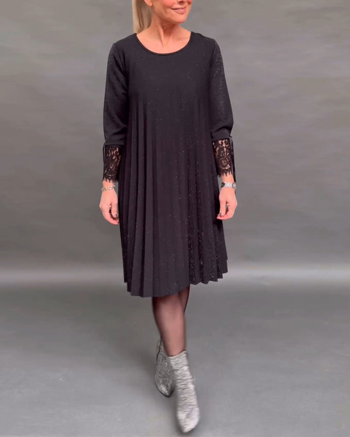 Drune | Einfarbiges Plissiertes Patchwork Spitzenkleid