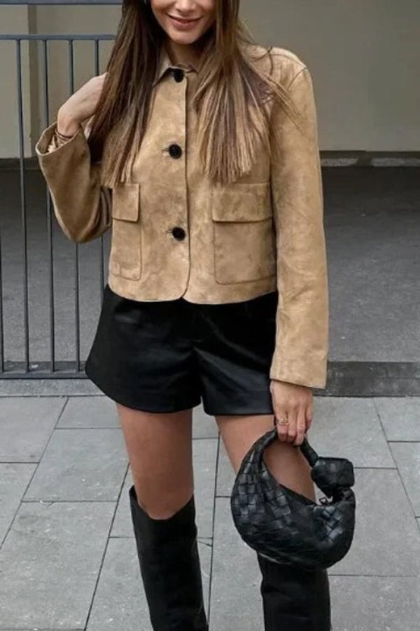 Drune | Knopfverschluss Pocket Faux Suede Crop Jacke