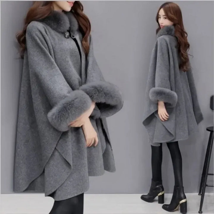 Drune | Cape-Jacke - eleganter Damen-Cape mit Kunstpelz-Besatz