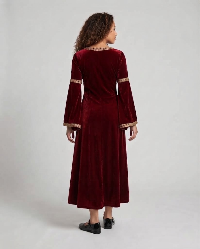 Frauen Historisches Samtkleid mit Ausgestellten Ärmeln und Dekorativem Kragen Drune