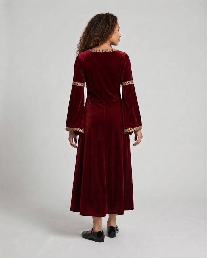 Frauen Historisches Samtkleid mit Ausgestellten Ärmeln und Dekorativem Kragen Drune