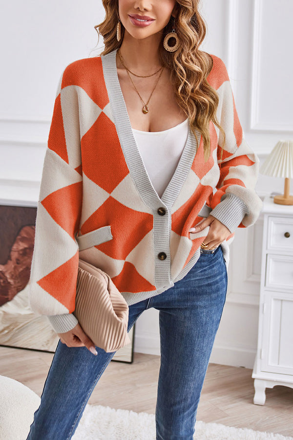 Drune | Hals geometrisches Patchwork kontrastierender Strickcardigan lässige lockere Jacke