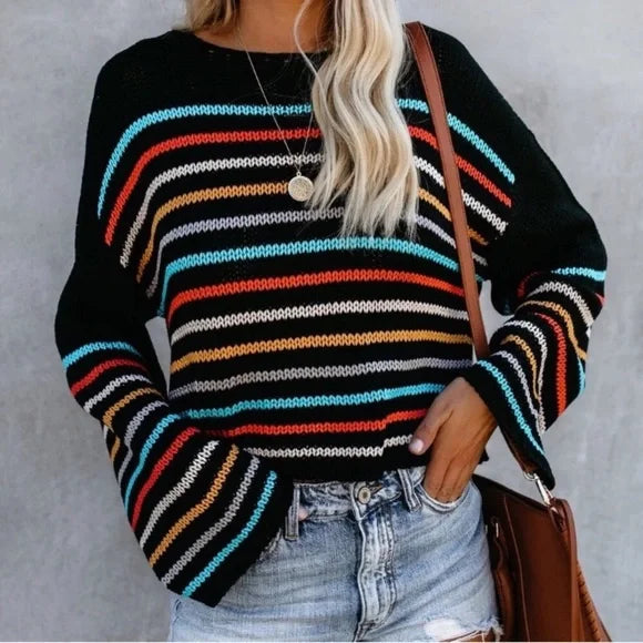Drune | Cozy striped V-neck knit sweater for layering in autumn.