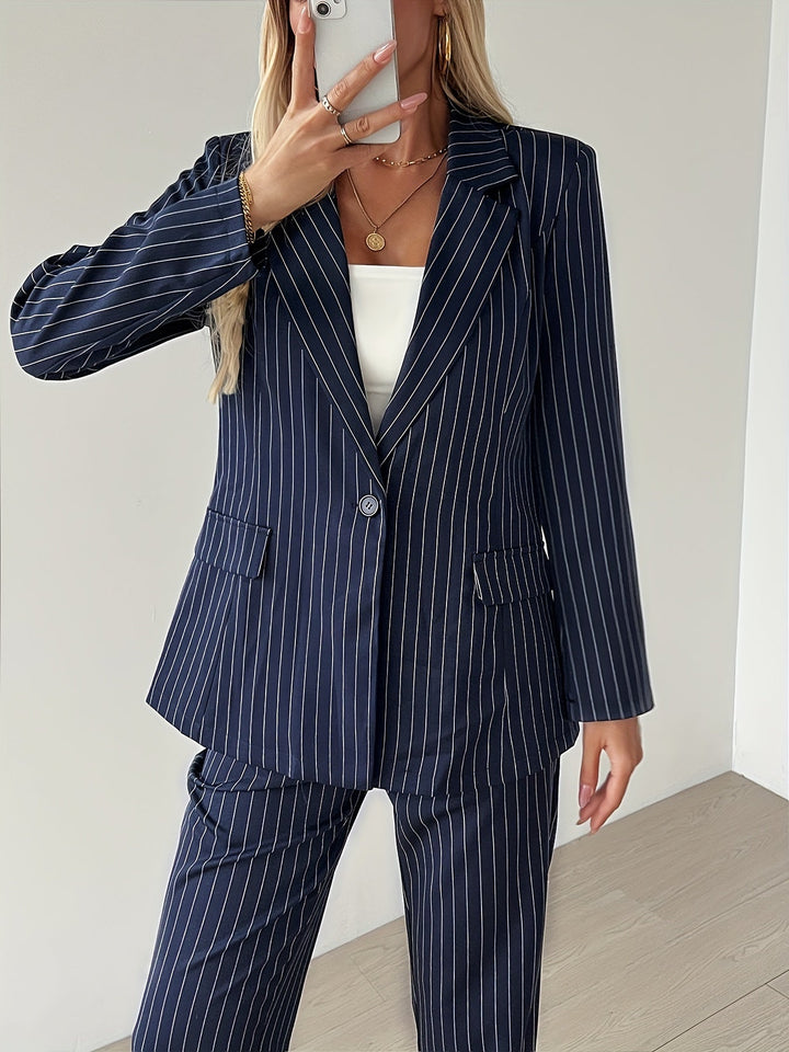 Drune | Gestreiftes Knopf-Front Langarm Blazer & Hoch Taille Gerade Bein Hose Outfit-Set Für Damen - Für formelle Anlässe