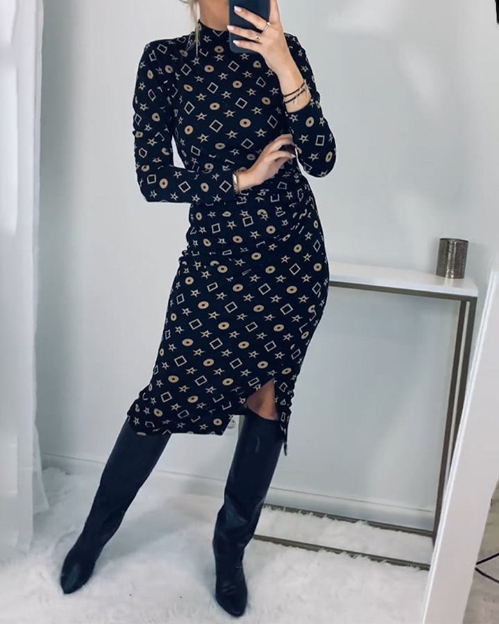 Drune | Elegantes Hochgeschlossenes Kleid mit Geometrischem Print