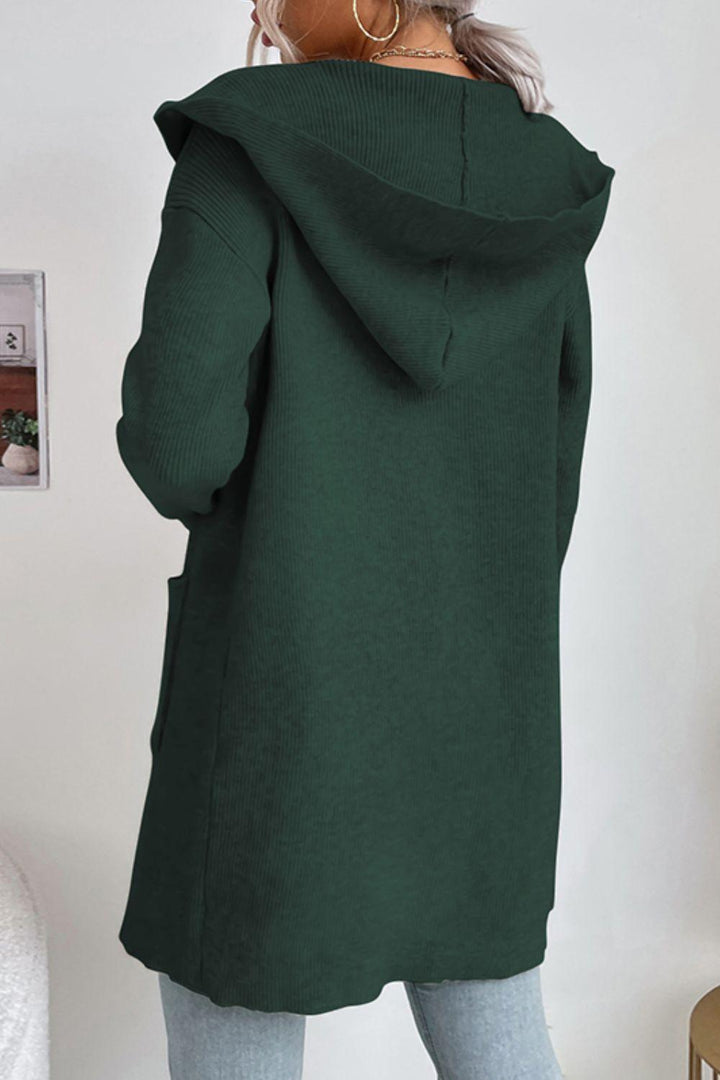Drune | geripptes offen-front Cardigan mit Kapuze und Taschen