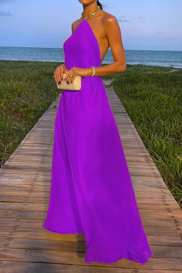 Drune | Sunny In Santorini Ketten-Halter Rückenfreies A-Linie Urlaub Maxi Kleid