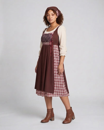 Damen Verspieltes Karolkleid mit floralem Oberteil und schwingendem Rock Drune
