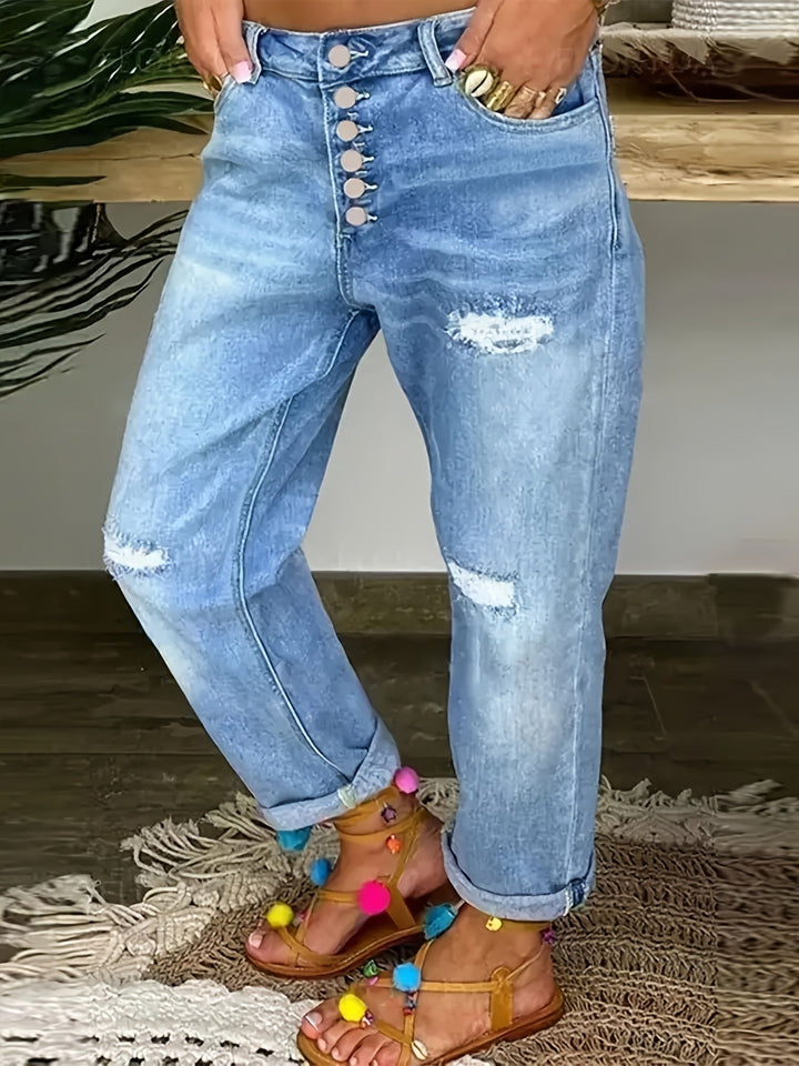 Drune | Verwitterte Blaue Damen Stretchjeans