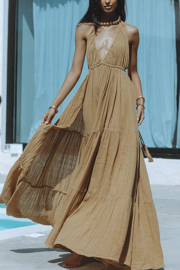 Drune – Neckholder-Maxikleid aus Leinenmischung mit rückenfreiem Schlitz