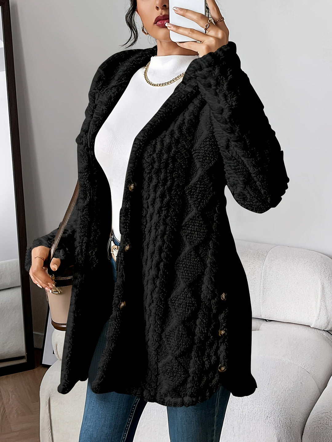 Drune | Lange Jacke mit Kapuze und Knöpfen
